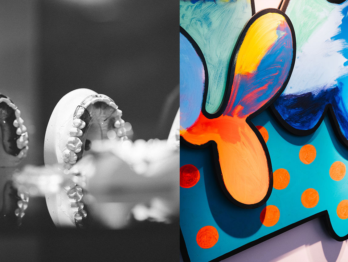 Kieferorthopädie Deggendorf – Links: Zahnmodell für kieferorthopädische Behandlungen bei Kindern in der ARTPRAXIS® Deggendorf. Rechts: Farbintensives Kunstwerk mit Schmetterling – kindgerechtes, inspirierendes Ambiente für junge Patient:innen.